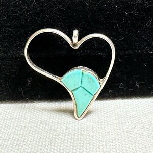 Signed Sterling Silver Heart Pendant with Turquoise Inlay